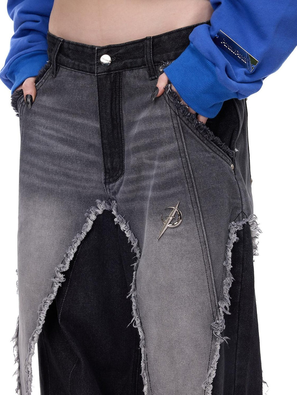 PINKSPINK Black Washed Deconstructed Punk Distressed Women's Denim Wide-leg Jeans