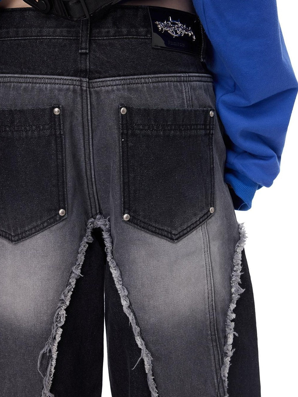 PINKSPINK Black Washed Deconstructed Punk Distressed Women's Denim Wide-leg Jeans