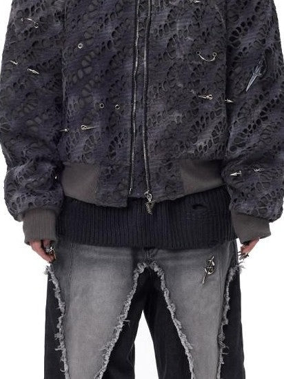 PINKSPINK Black Washed Deconstructed Punk Distressed Women's Denim Wide-leg Jeans