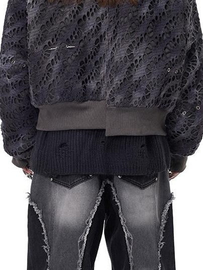 PINKSPINK Black Washed Deconstructed Punk Distressed Women's Denim Wide-leg Jeans