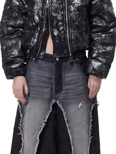 PINKSPINK Black Washed Deconstructed Punk Distressed Women's Denim Wide-leg Jeans