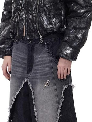 PINKSPINK Black Washed Deconstructed Punk Distressed Women's Denim Wide-leg Jeans