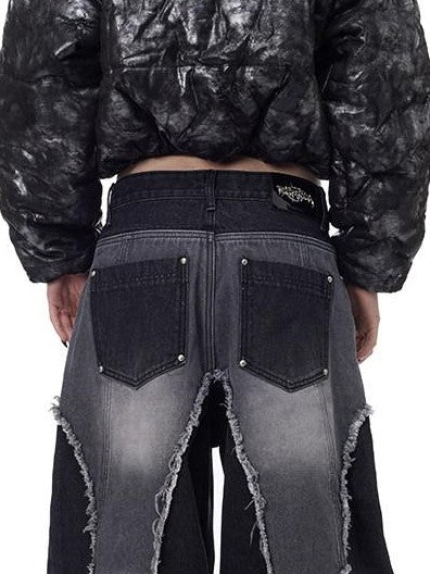 PINKSPINK Black Washed Deconstructed Punk Distressed Women's Denim Wide-leg Jeans