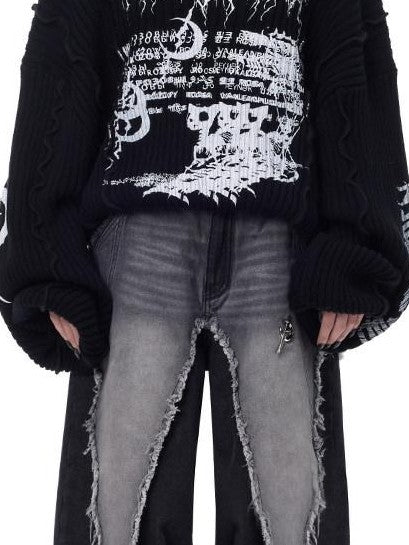 PINKSPINK Black Washed Deconstructed Punk Distressed Women's Denim Wide-leg Jeans