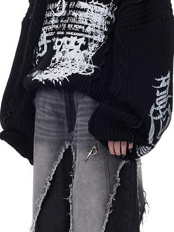 PINKSPINK Black Washed Deconstructed Punk Distressed Women's Denim Wide-leg Jeans