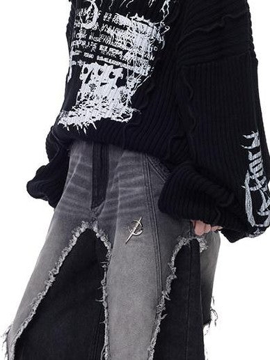 PINKSPINK Black Washed Deconstructed Punk Distressed Women's Denim Wide-leg Jeans