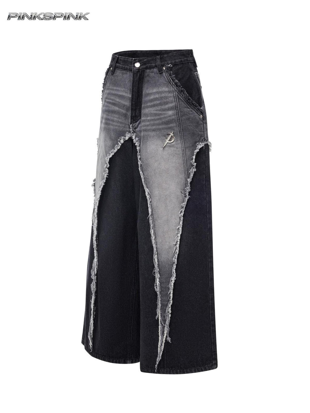 PINKSPINK Black Washed Deconstructed Punk Distressed Women's Denim Wide-leg Jeans