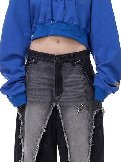 PINKSPINK Black Washed Deconstructed Punk Distressed Women's Denim Wide-leg Jeans