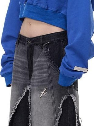 PINKSPINK Black Washed Deconstructed Punk Distressed Women's Denim Wide-leg Jeans