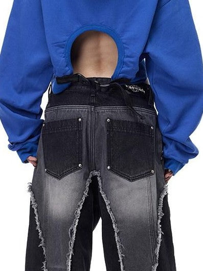 PINKSPINK Black Washed Deconstructed Punk Distressed Women's Denim Wide-leg Jeans