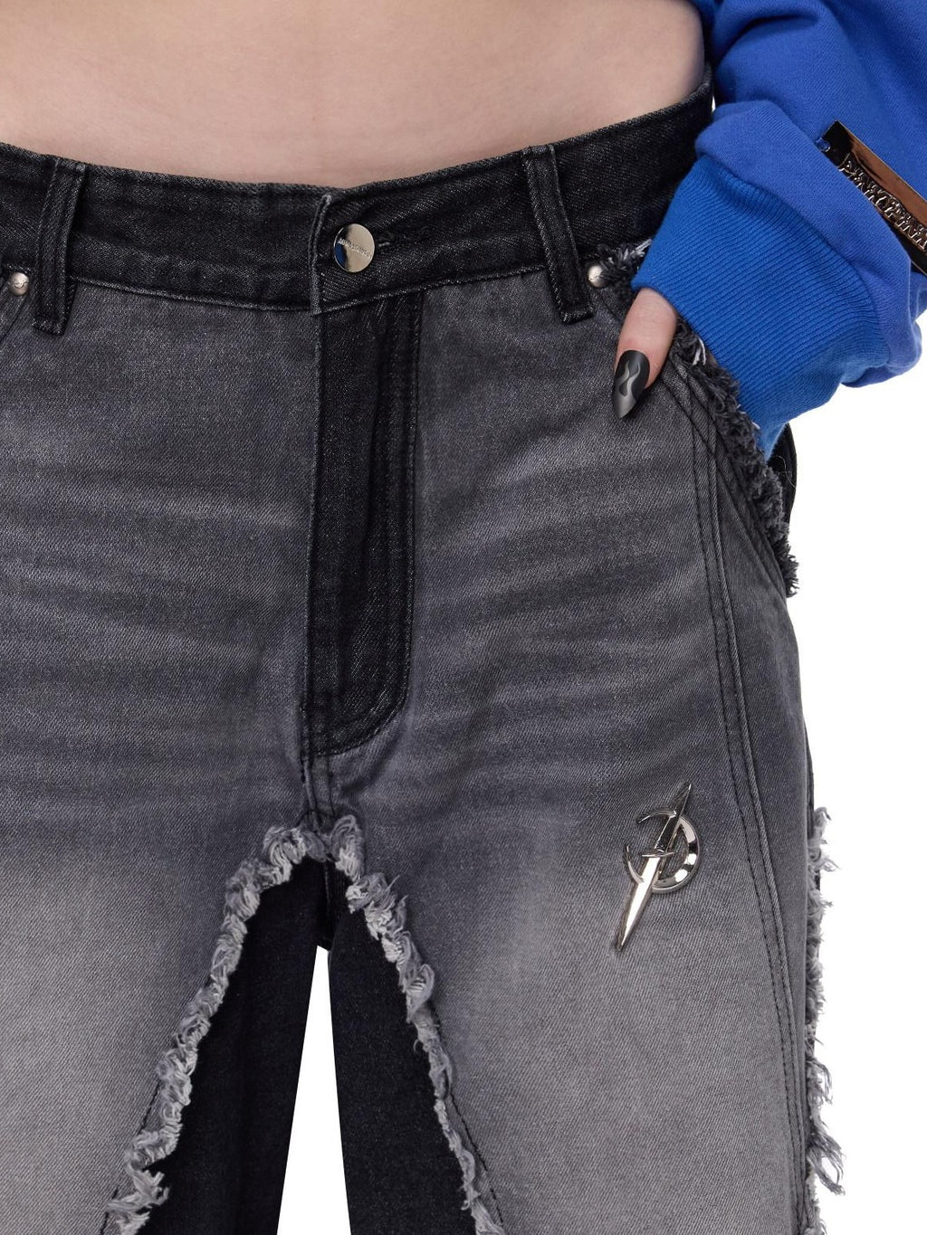 PINKSPINK Black Washed Deconstructed Punk Distressed Women's Denim Wide-leg Jeans
