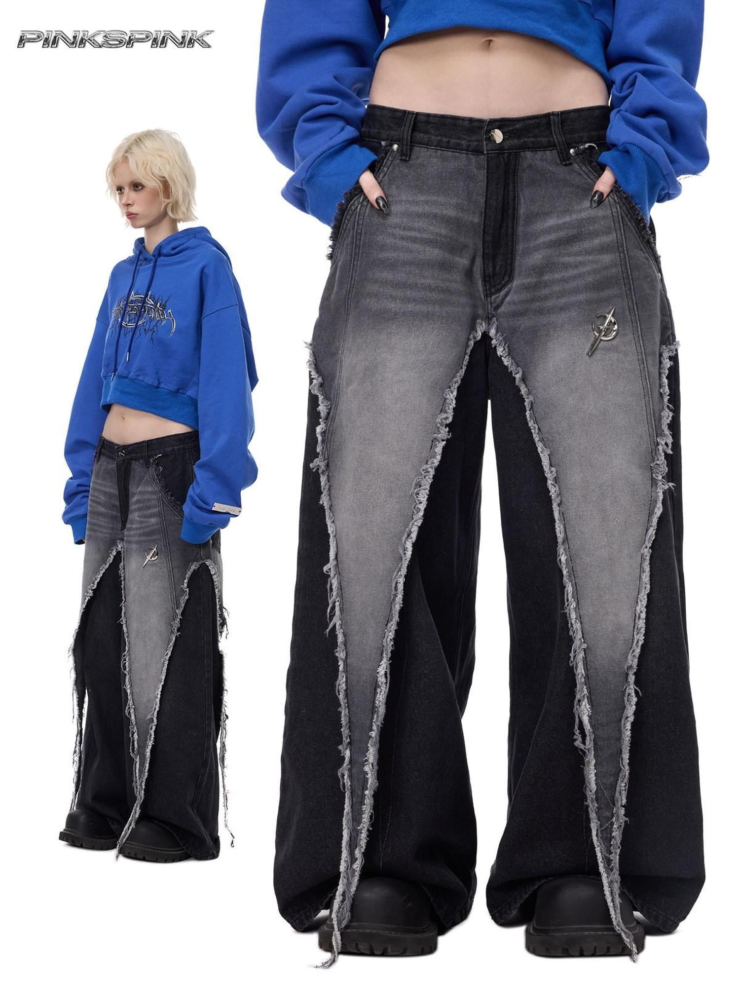 PINKSPINK Black Washed Distressed Punk Low Rise Women's Denim Wide-leg Jeans
