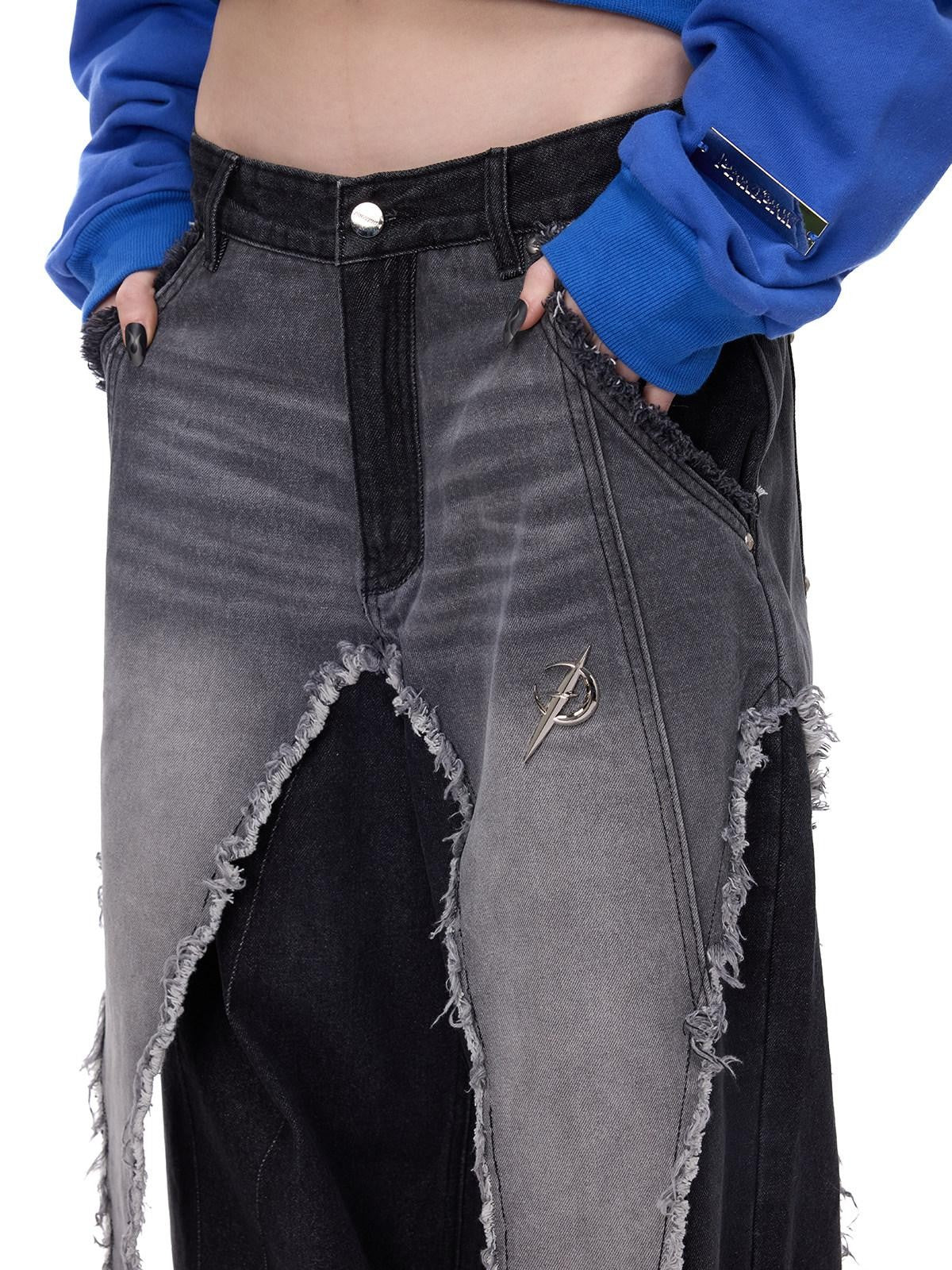 PINKSPINK Black Washed Distressed Punk Low Rise Women's Denim Wide-leg Jeans
