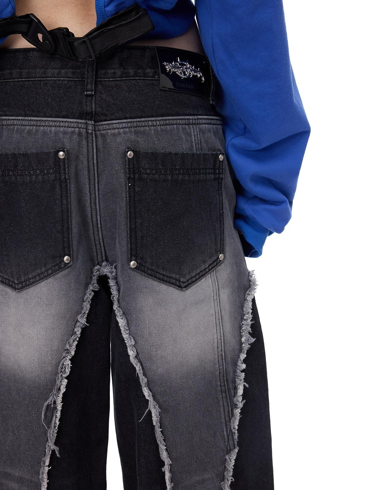 PINKSPINK Black Washed Distressed Punk Low Rise Women's Denim Wide-leg Jeans