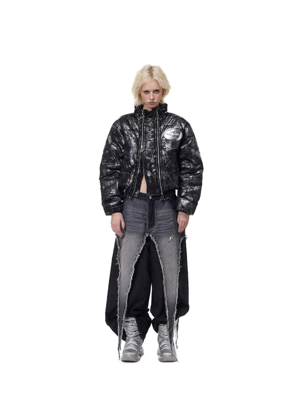 PINKSPINK Black Washed Distressed Punk Low Rise Women's Denim Wide-leg Jeans