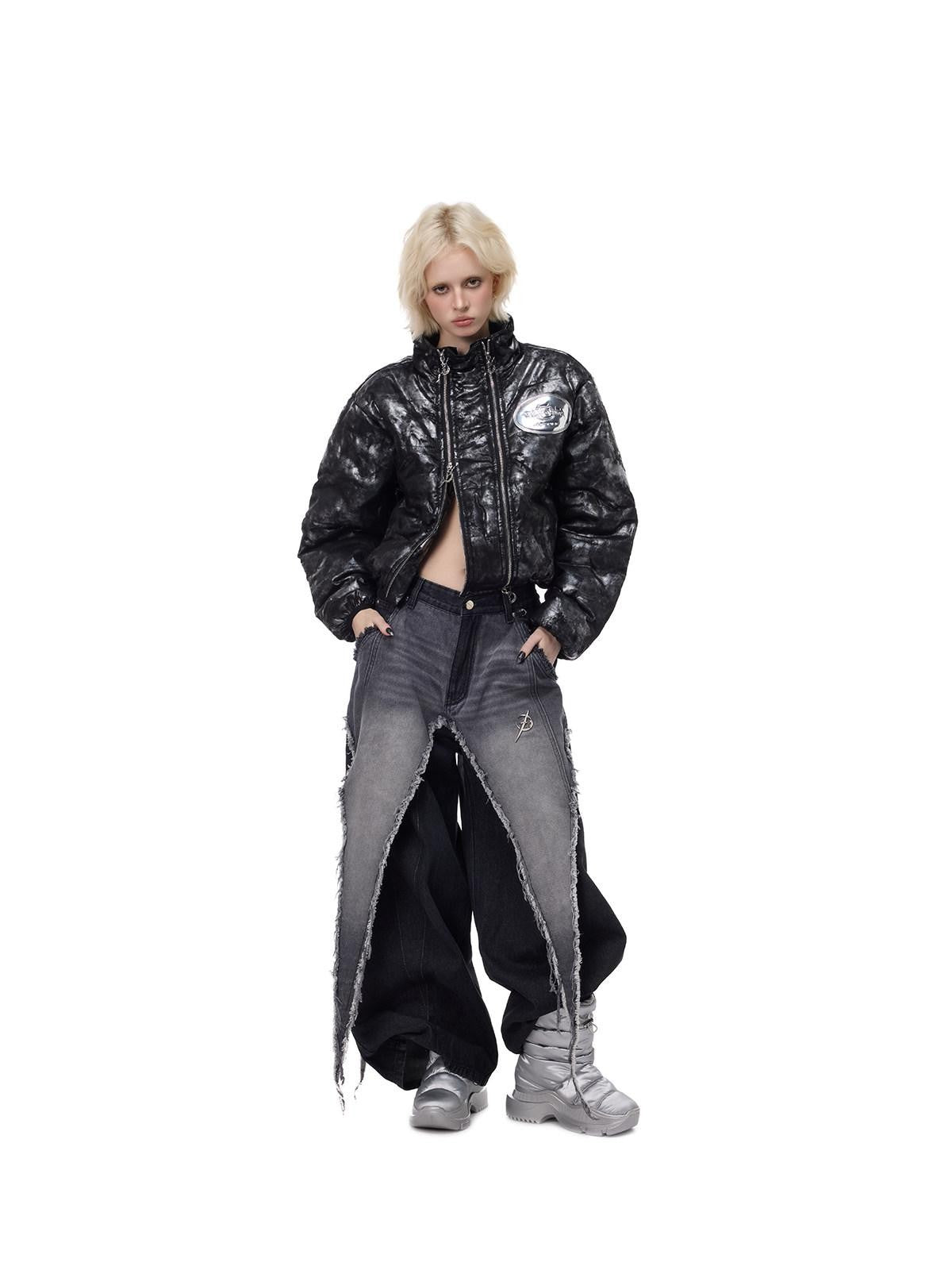 PINKSPINK Black Washed Distressed Punk Low Rise Women's Denim Wide-leg Jeans