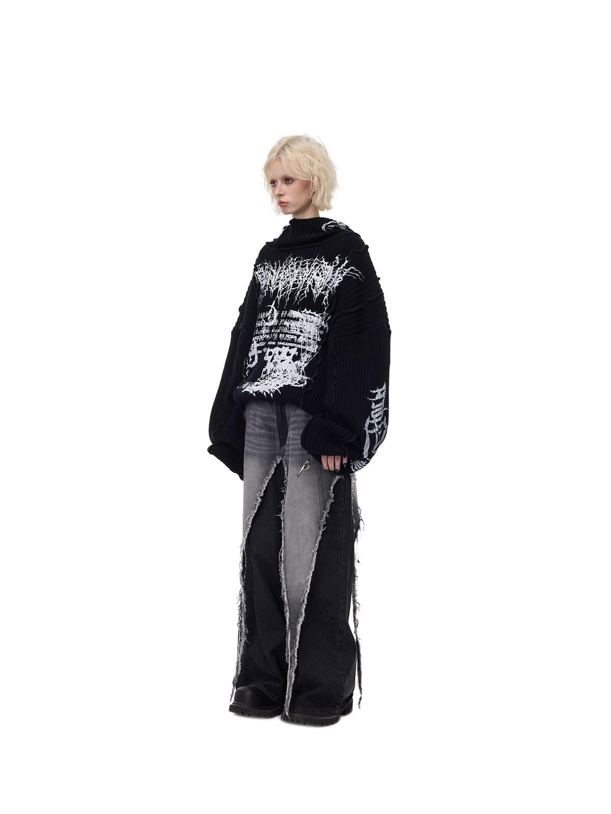 PINKSPINK Black Washed Distressed Punk Low Rise Women's Denim Wide-leg Jeans