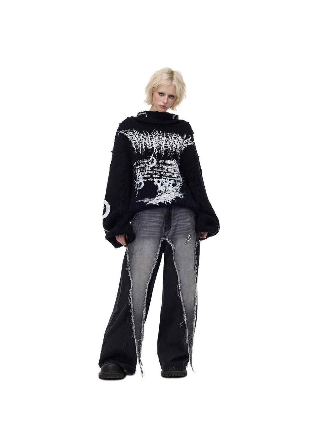 PINKSPINK Black Washed Distressed Punk Low Rise Women's Denim Wide-leg Jeans