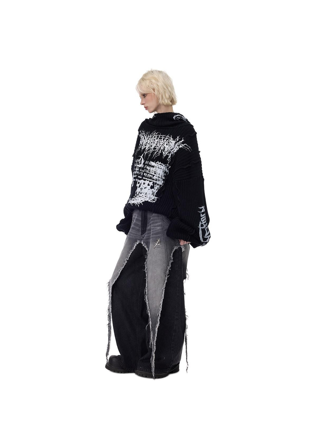 PINKSPINK Black Washed Distressed Punk Low Rise Women's Denim Wide-leg Jeans