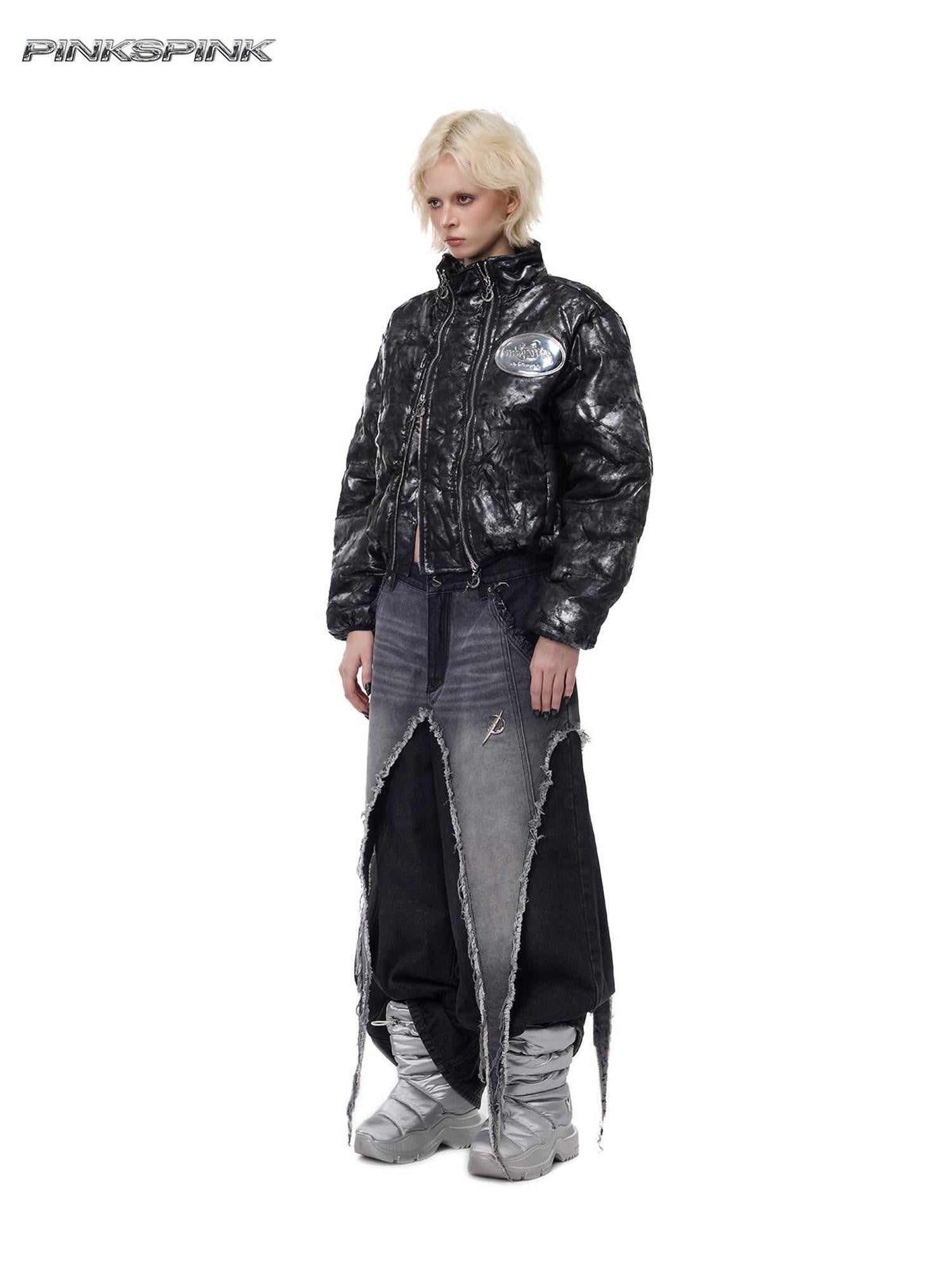 PINKSPINK Black Washed Distressed Punk Low Rise Women's Denim Wide-leg Jeans