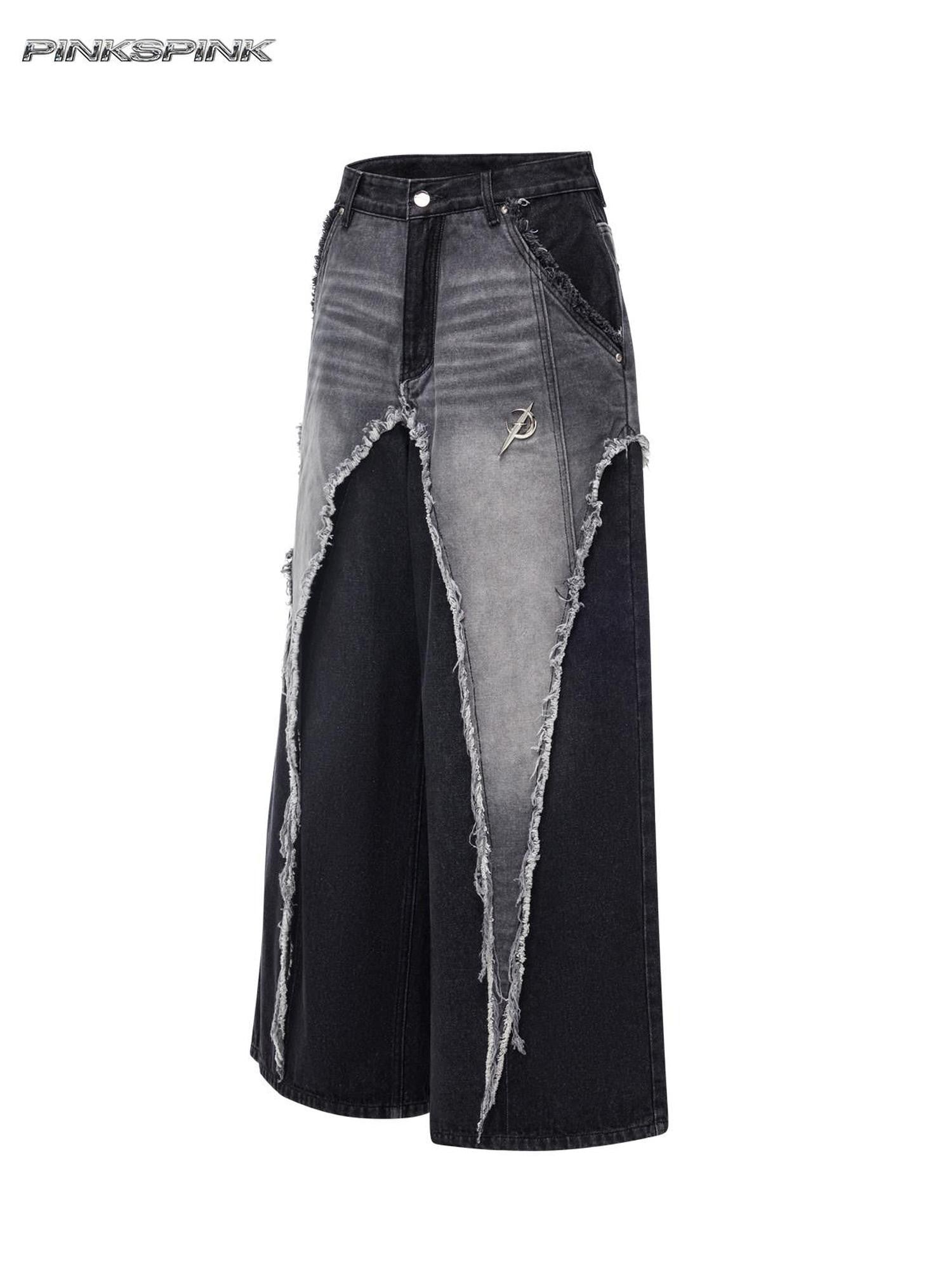 PINKSPINK Black Washed Distressed Punk Low Rise Women's Denim Wide-leg Jeans