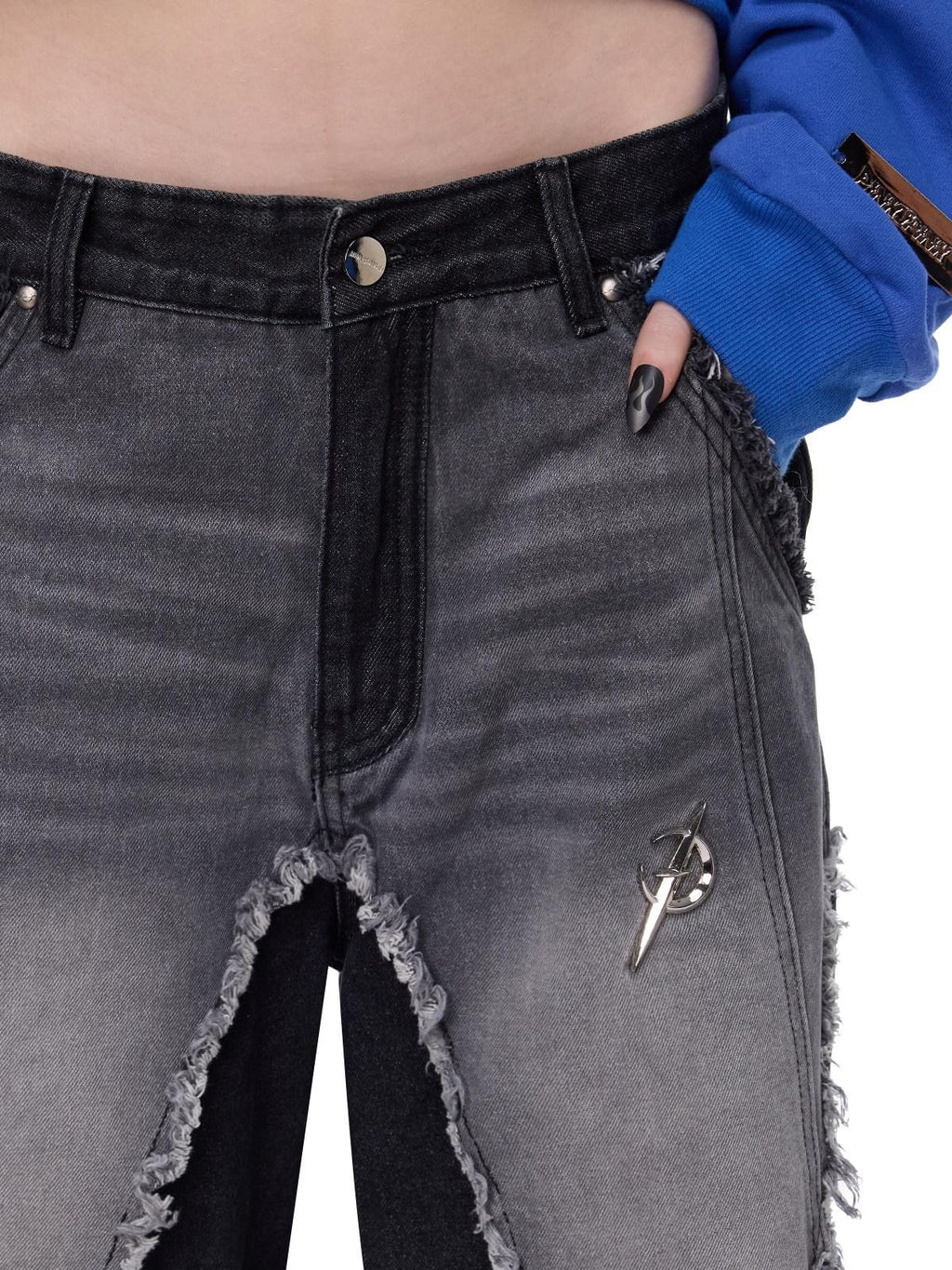 PINKSPINK Black Washed Distressed Punk Low Rise Women's Denim Wide-leg Jeans