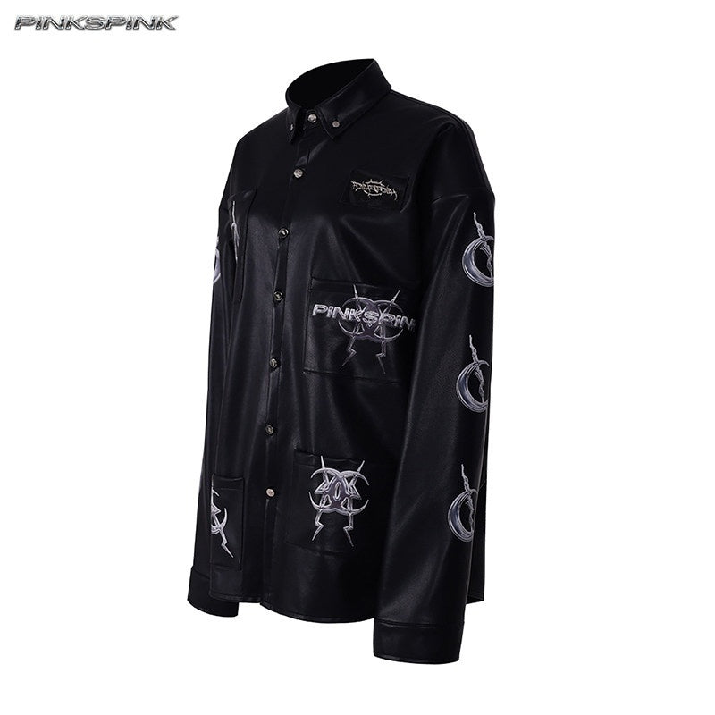 PINKSPINK_Black_Washed_Printed_Polo_Collar_Midlength_Women's_Pu_Leather_Jackets_968212165431_MISSTT