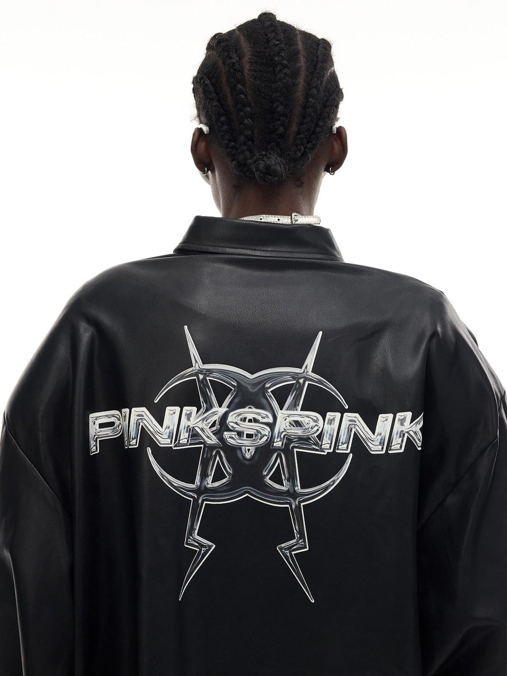 PINKSPINK Black Washed Printed Polo Collar Midlength Women's Pu Leather Jackets