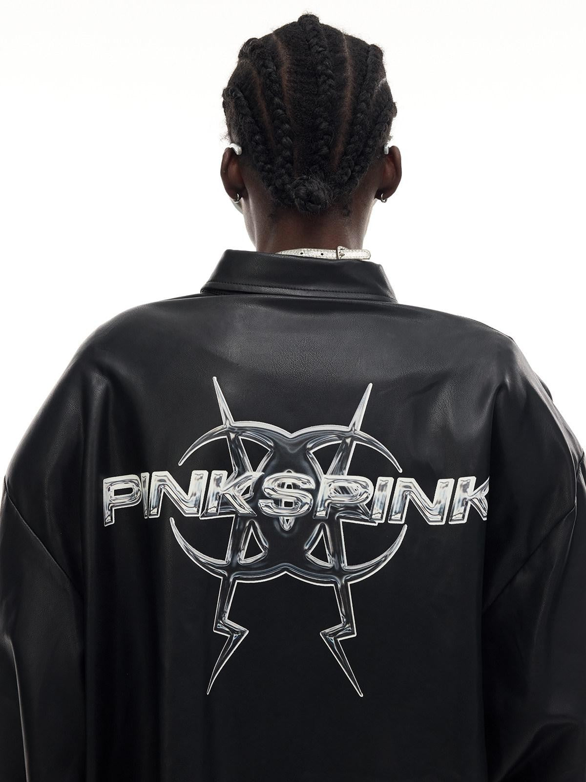 PINKSPINK Black Washed Printed Polo Collar Midlength Women's Pu Leather Jackets