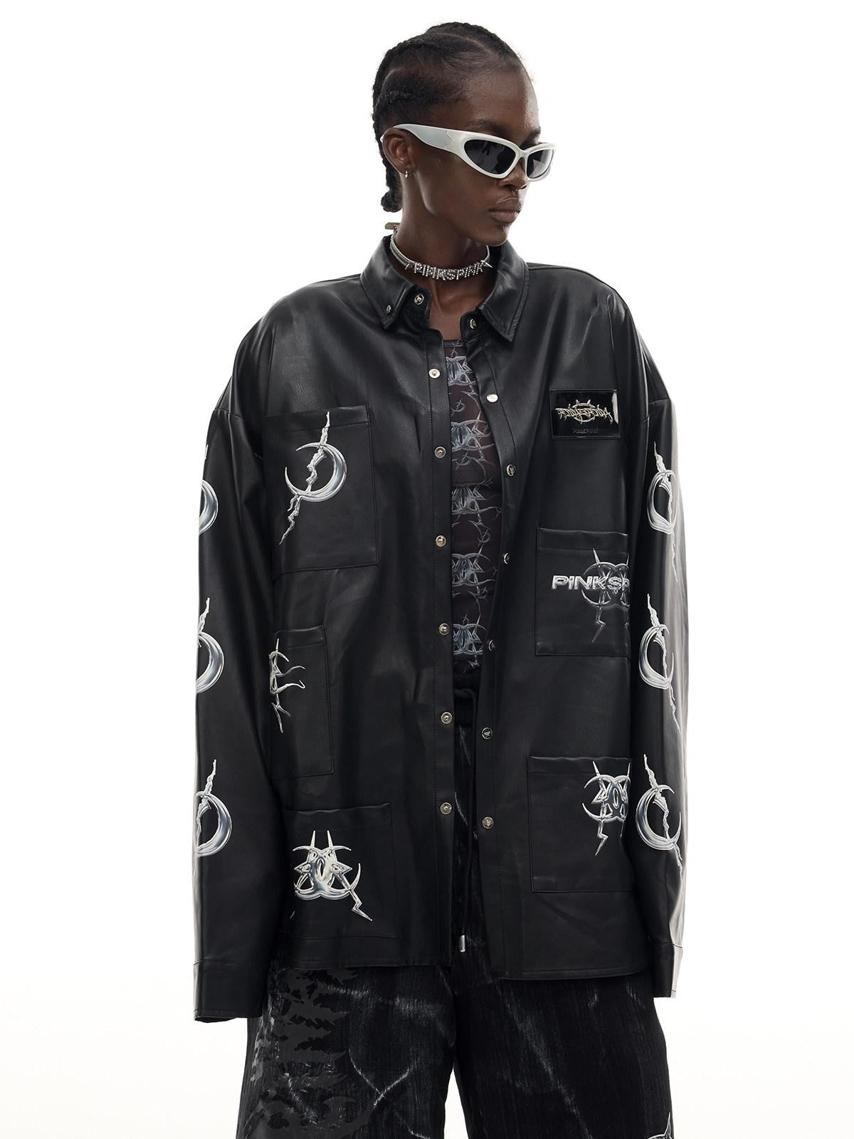 PINKSPINK Black Washed Printed Polo Collar Midlength Women's Pu Leather Jackets