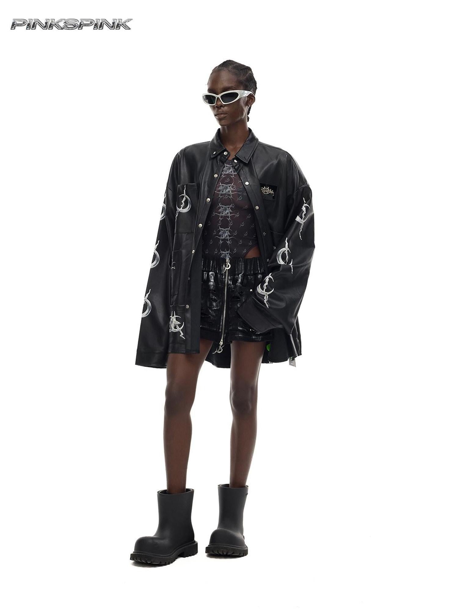PINKSPINK Black Washed Printed Polo Collar Midlength Women's Pu Leather Jackets
