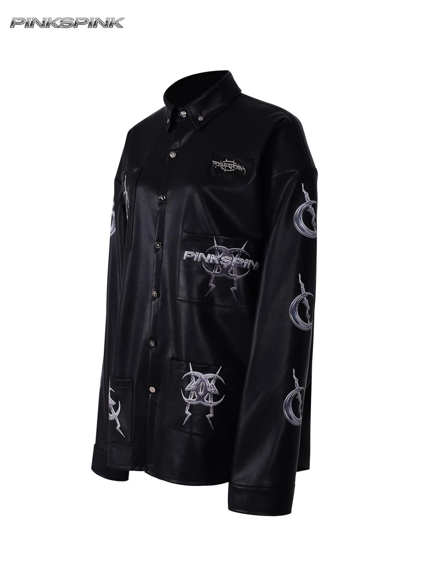 PINKSPINK Black Washed Printed Polo Collar Midlength Women's Pu Leather Jackets