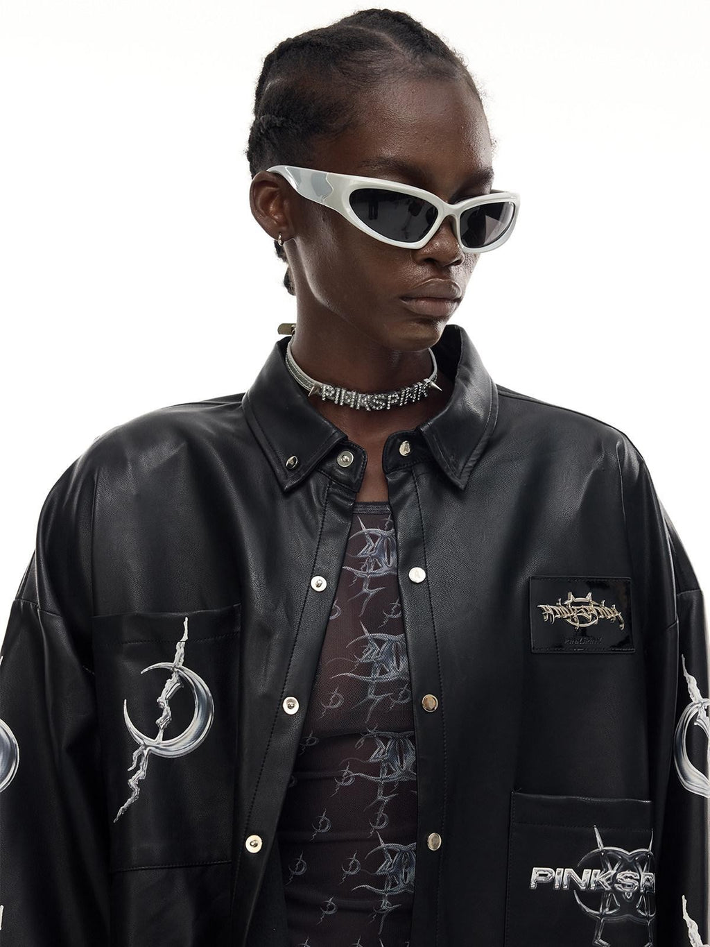 PINKSPINK Black Washed Printed Polo Collar Midlength Women's Pu Leather Jackets