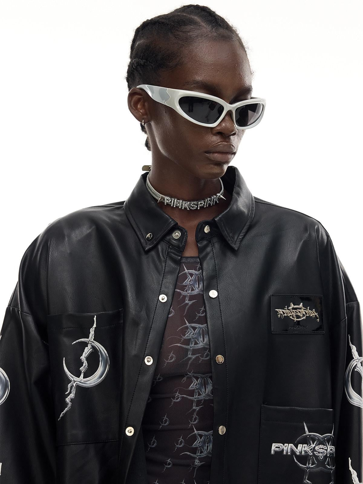 PINKSPINK Black Washed Printed Polo Collar Midlength Women's Pu Leather Jackets