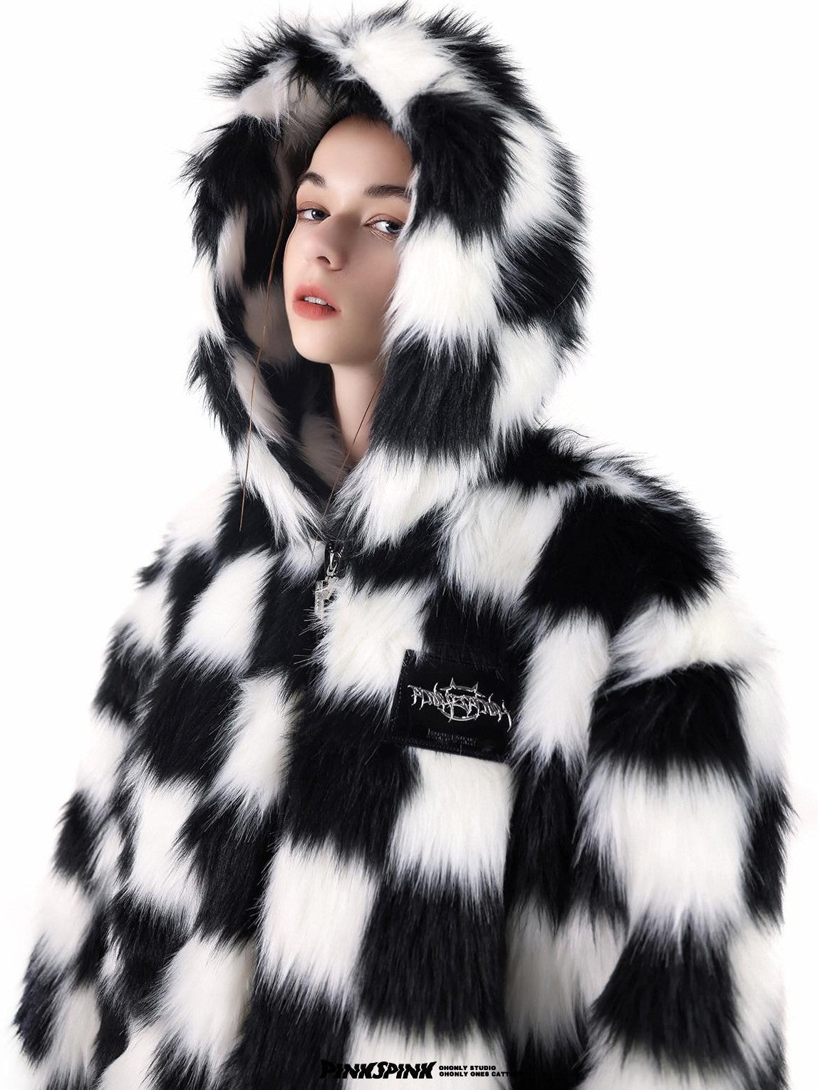 PINKSPINK Black White Check Hooded Oversized Women's Cotton Filled Puffer Jackets