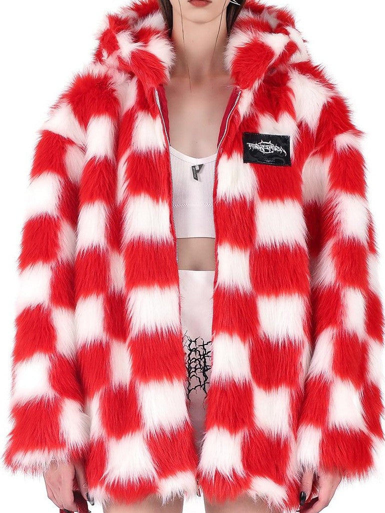 PINKSPINK Black White Check Hooded Oversized Women's Cotton Filled Puffer Jackets