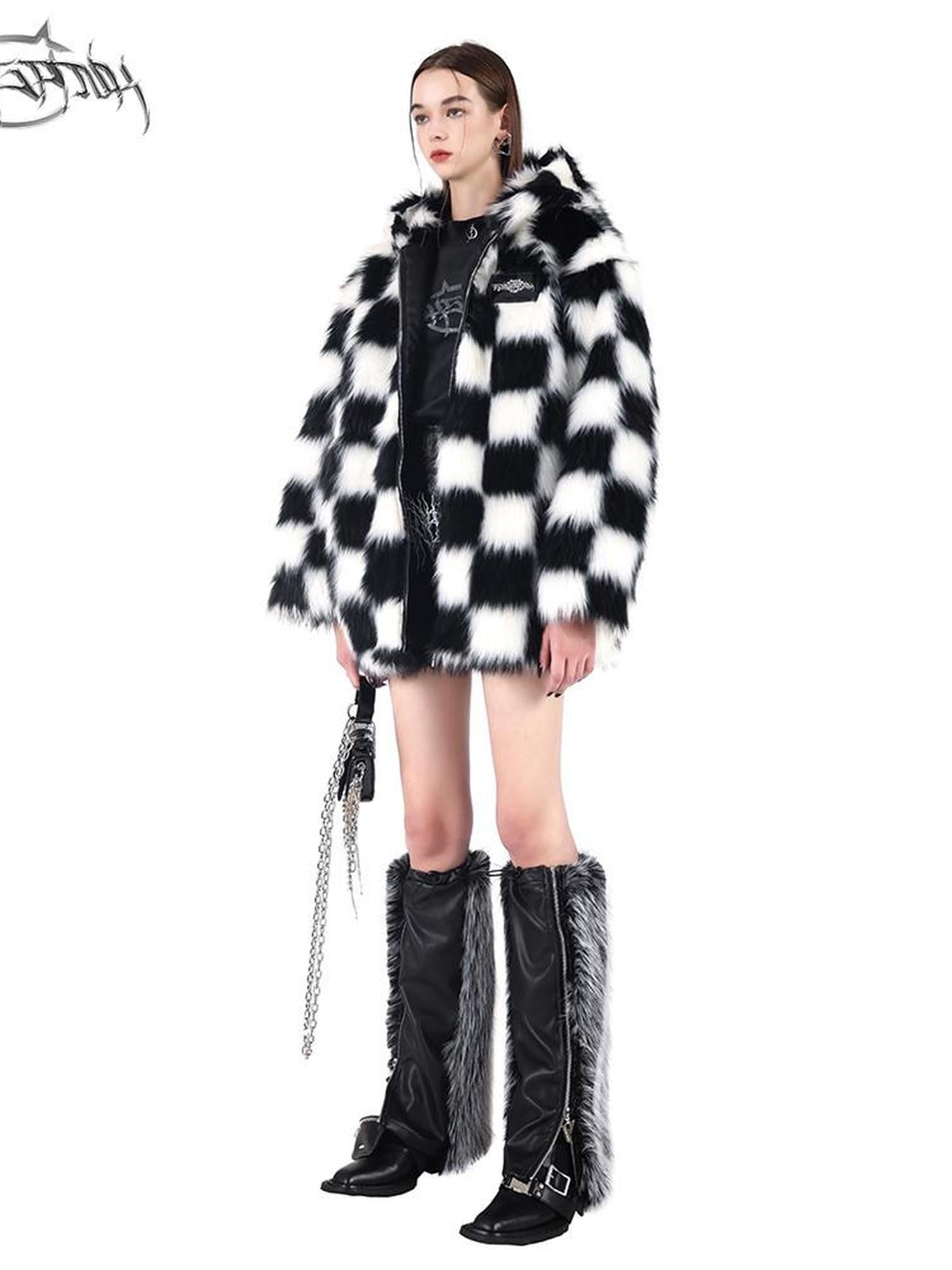 PINKSPINK Black White Check Hooded Oversized Women's Cotton Filled Puffer Jackets