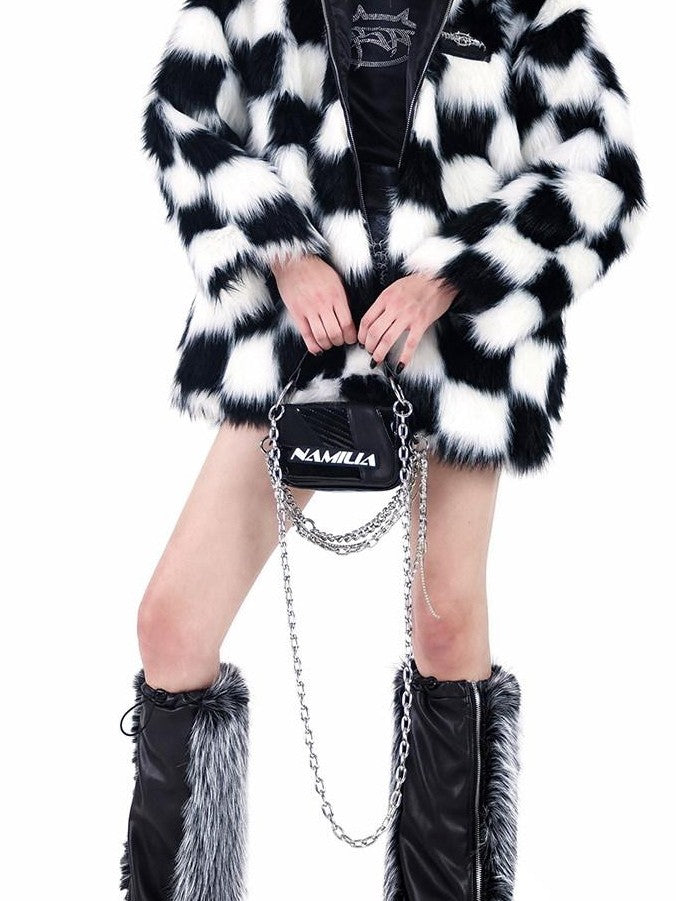 PINKSPINK Black White Check Hooded Oversized Women's Cotton Filled Puffer Jackets