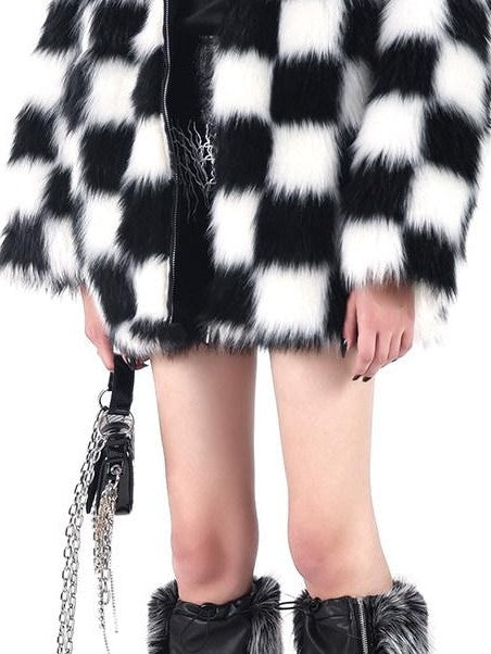 PINKSPINK Black White Check Hooded Oversized Women's Cotton Filled Puffer Jackets
