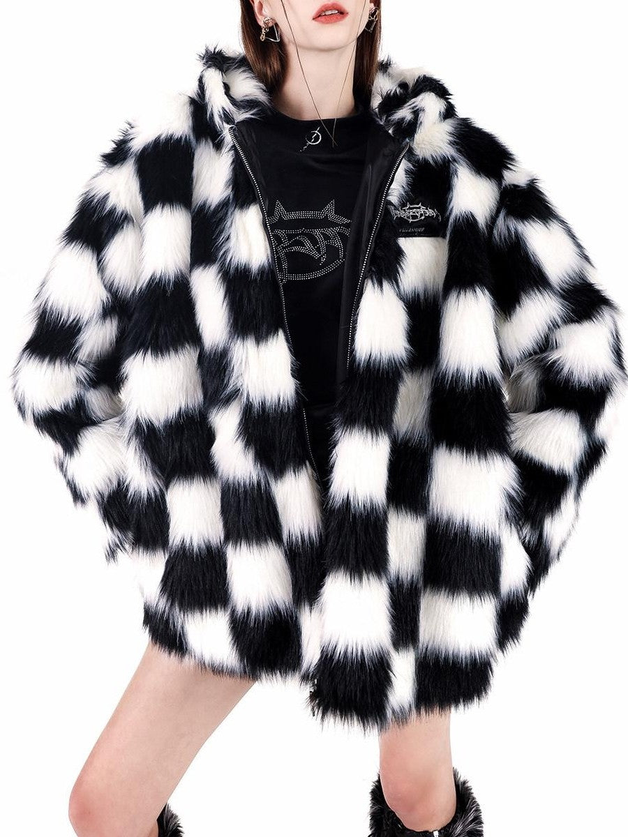 PINKSPINK Black White Check Hooded Oversized Women's Cotton Filled Puffer Jackets