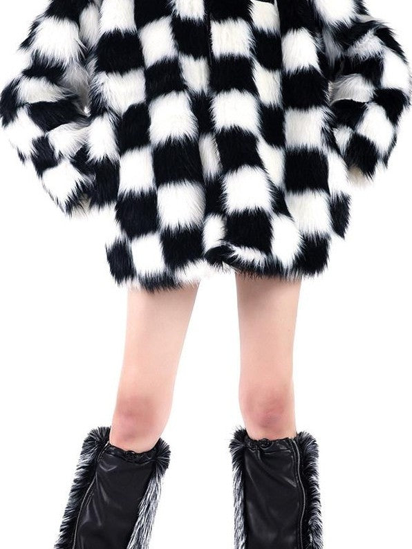 PINKSPINK Black White Check Hooded Oversized Women's Cotton Filled Puffer Jackets