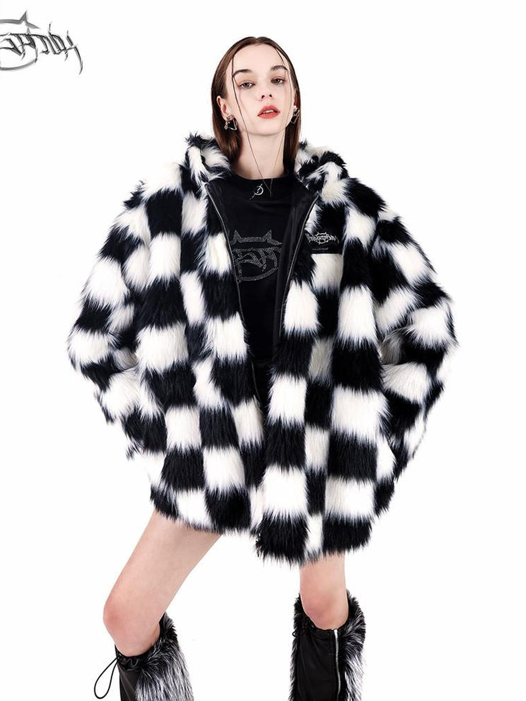 PINKSPINK Black White Checkerboard Faux Fur Hooded Oversized Women's Cotton Puffer Jackets
