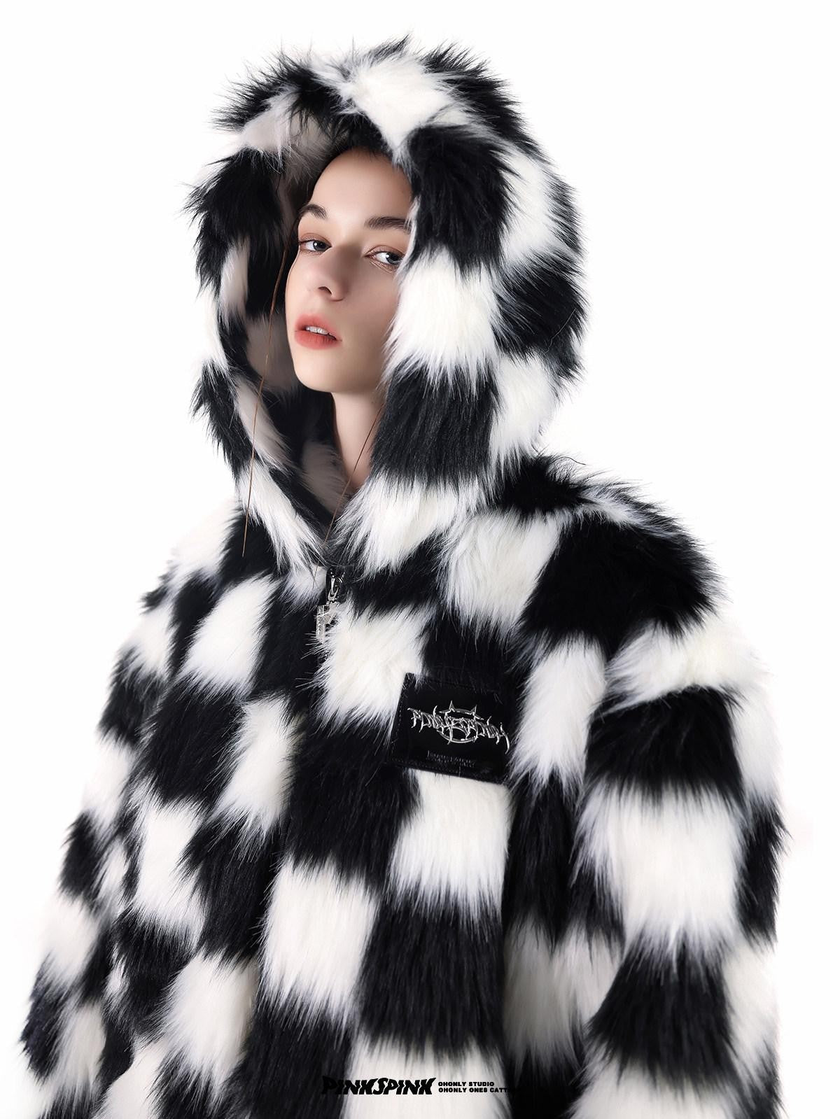 PINKSPINK Black White Checkerboard Faux Fur Hooded Oversized Women's Cotton Puffer Jackets