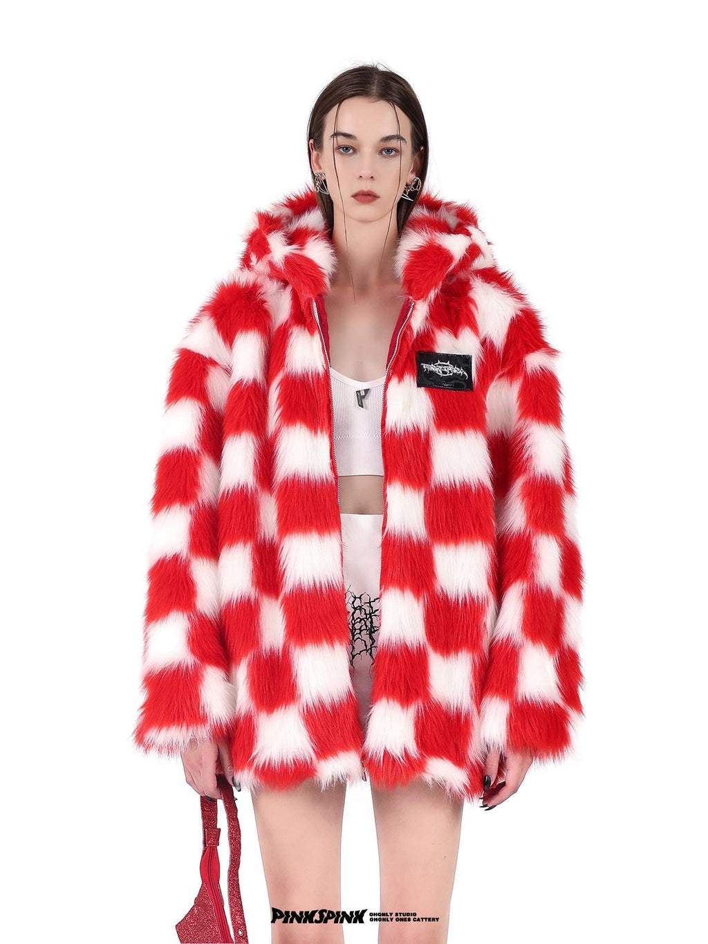 PINKSPINK Black White Checkerboard Faux Fur Hooded Oversized Women's Cotton Puffer Jackets