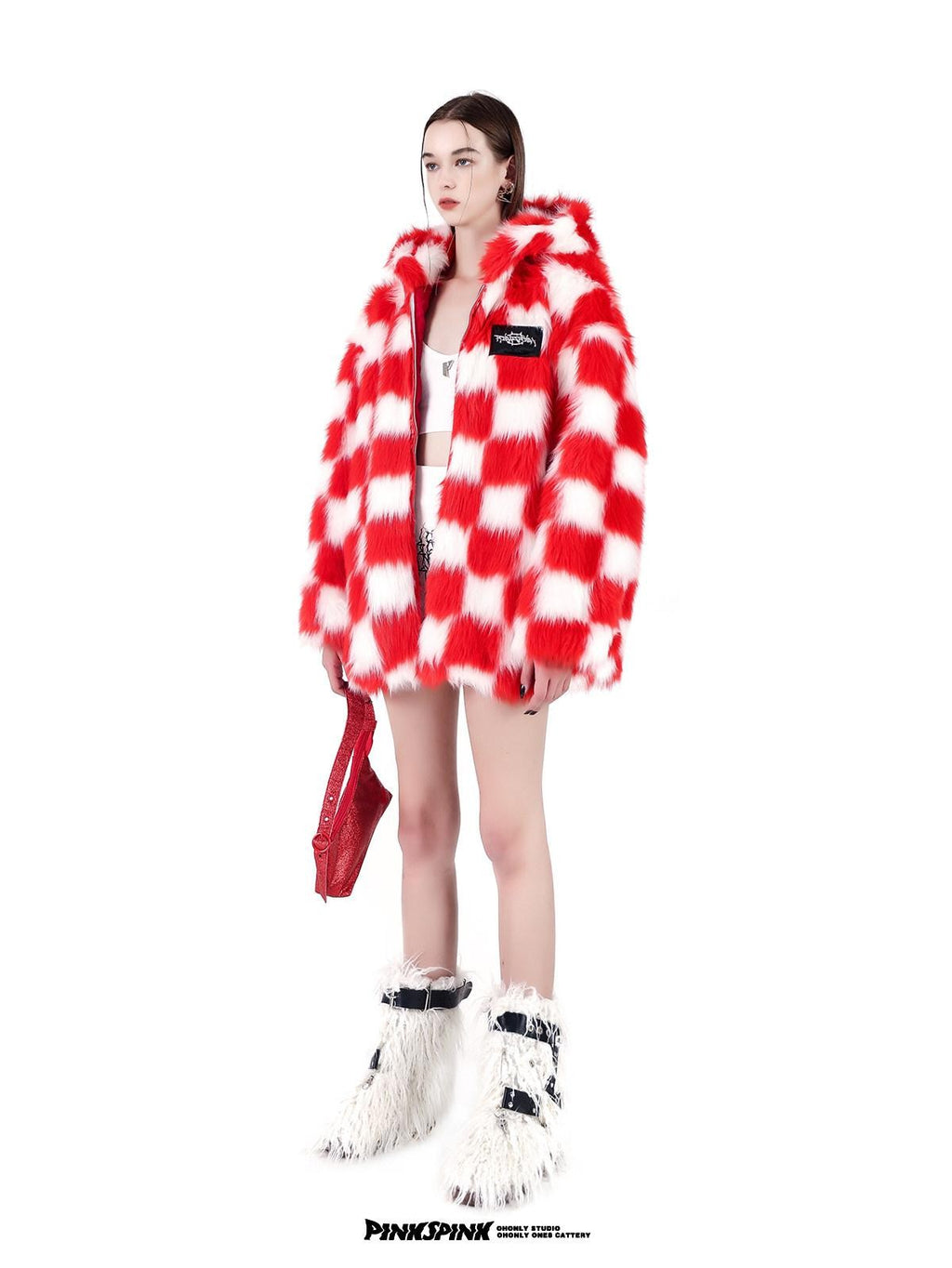 PINKSPINK Black White Checkerboard Faux Fur Hooded Oversized Women's Cotton Puffer Jackets