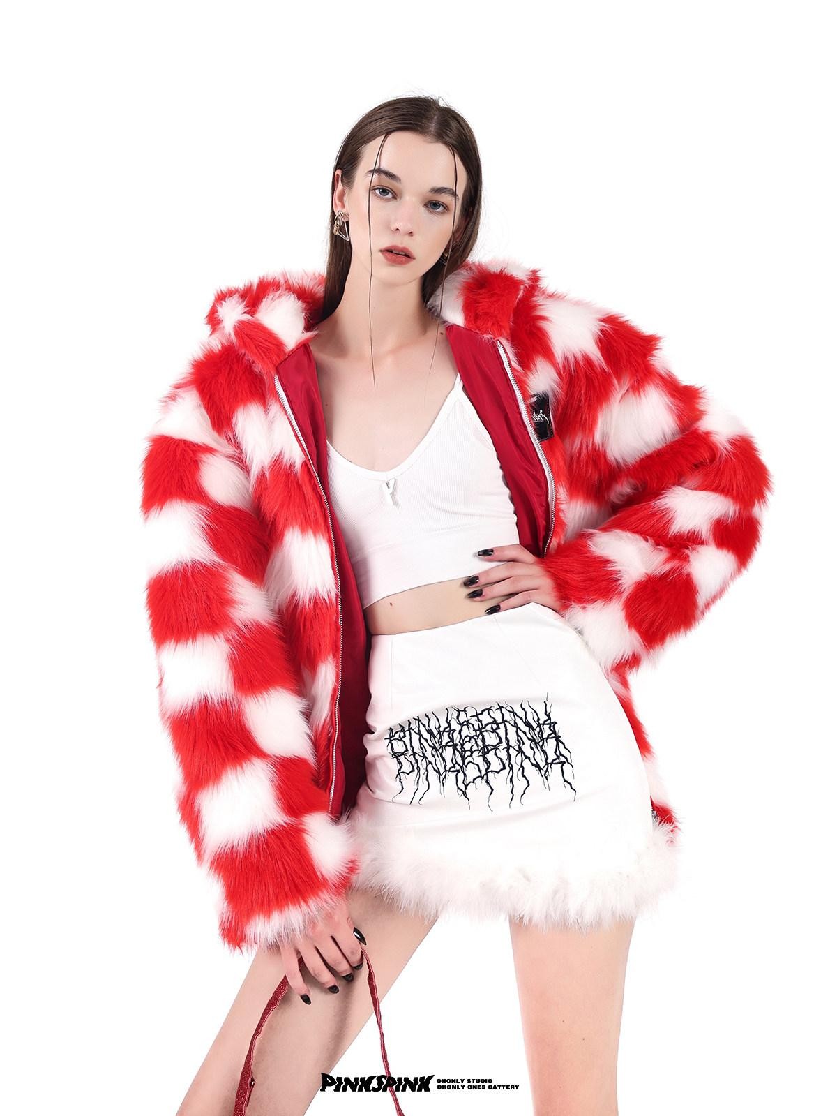 PINKSPINK Black White Checkerboard Faux Fur Hooded Oversized Women's Cotton Puffer Jackets