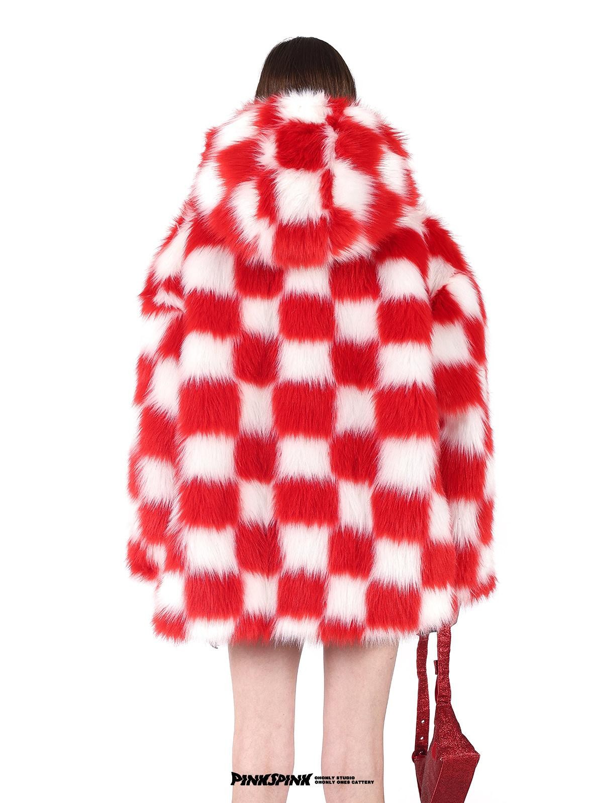 PINKSPINK Black White Checkerboard Faux Fur Hooded Oversized Women's Cotton Puffer Jackets