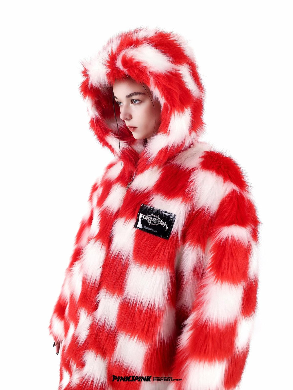 PINKSPINK Black White Checkerboard Faux Fur Hooded Oversized Women's Cotton Puffer Jackets