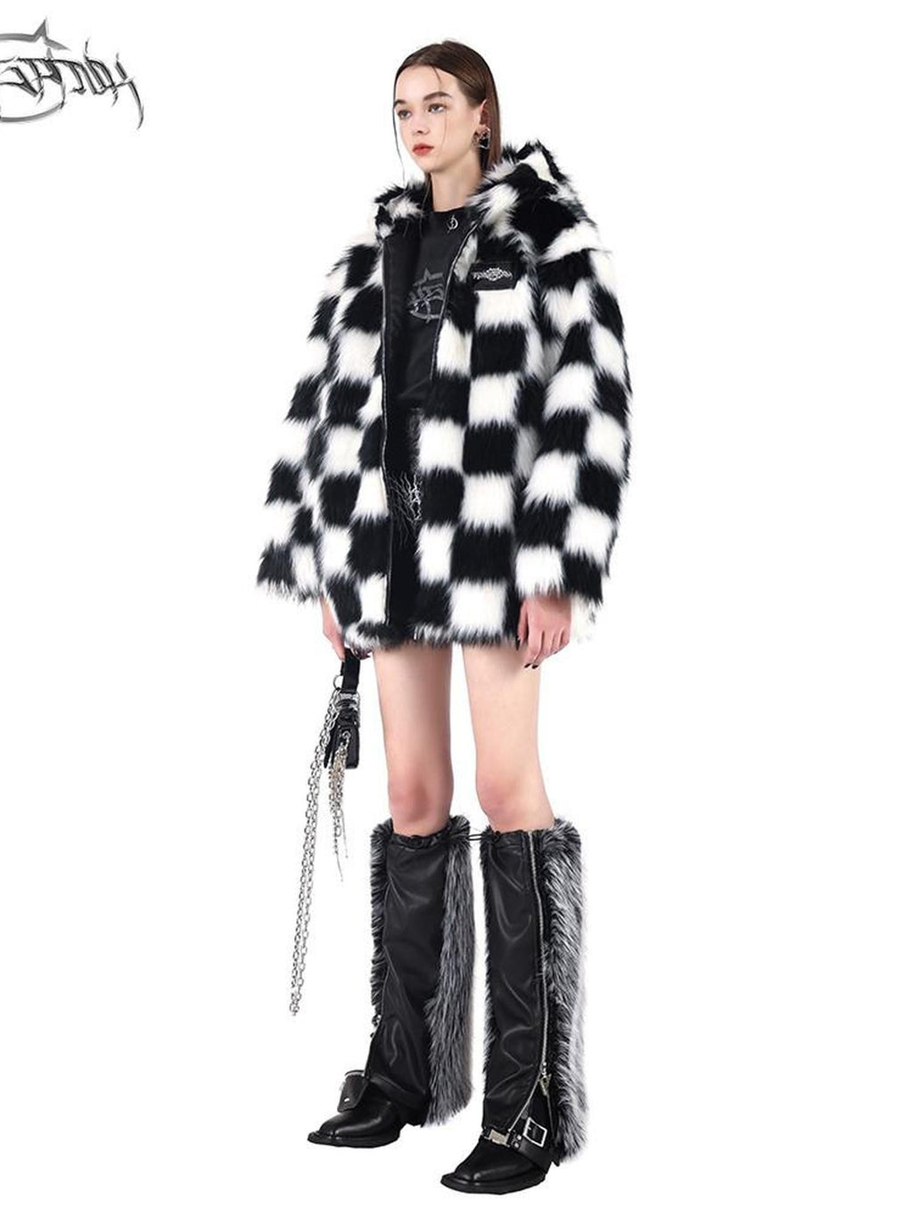 PINKSPINK Black White Checkerboard Faux Fur Hooded Oversized Women's Cotton Puffer Jackets