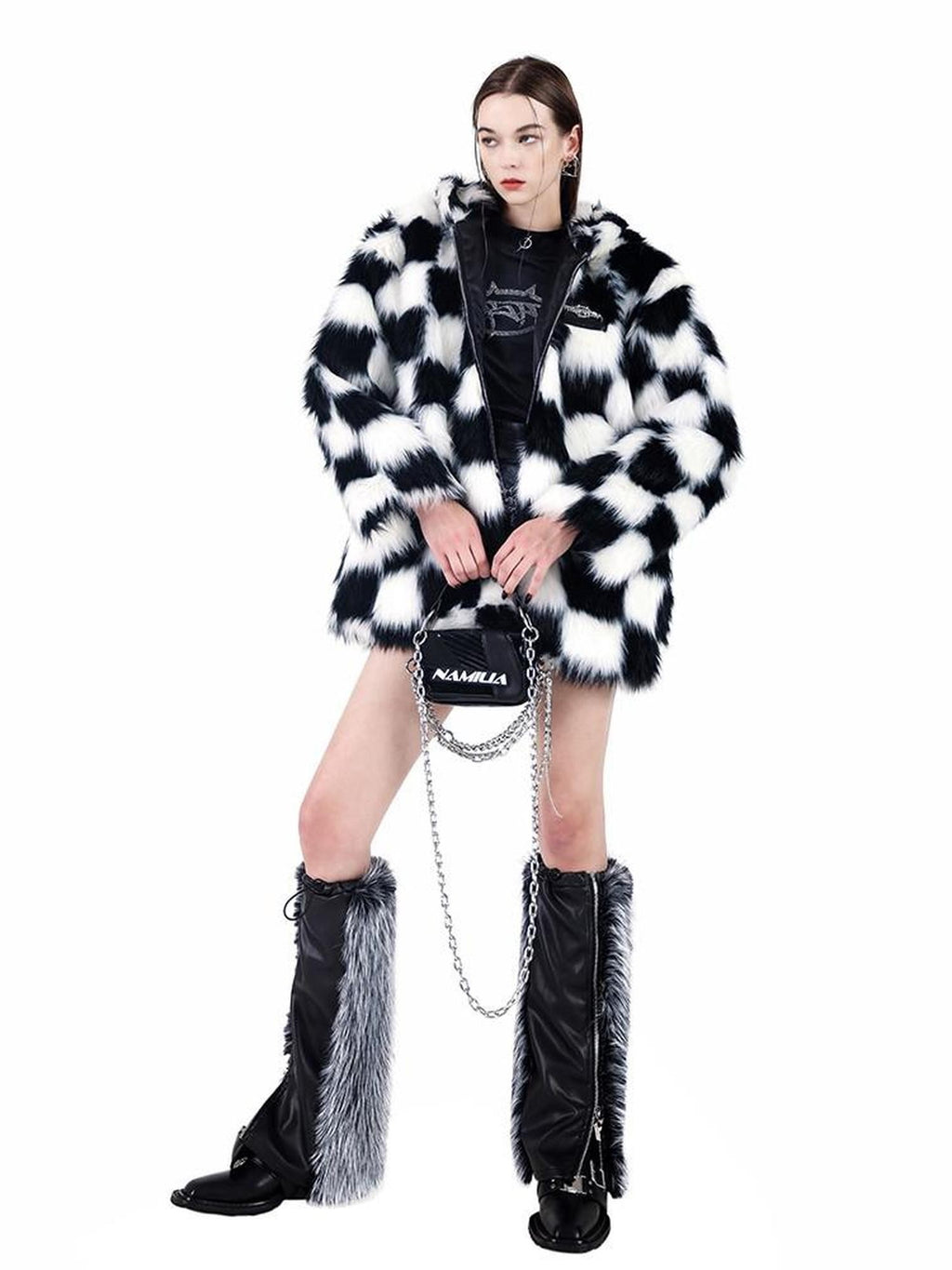 PINKSPINK Black White Checkerboard Faux Fur Hooded Oversized Women's Cotton Puffer Jackets
